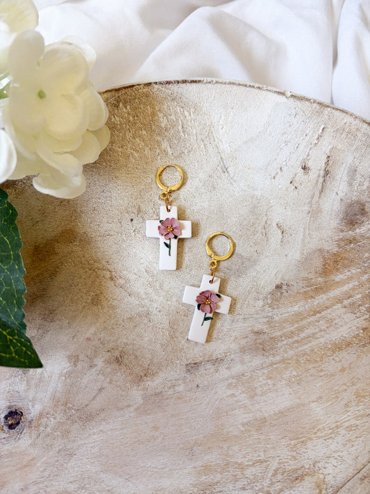 Floral Cross Huggie Dangles