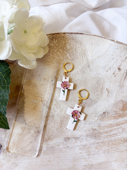 Floral Cross Huggie Dangles